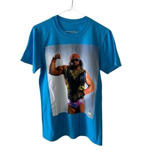 Wrestling WWE Macho Man Randy Savage Graphic T Shirt Bold Blue Streetwear NWOT
